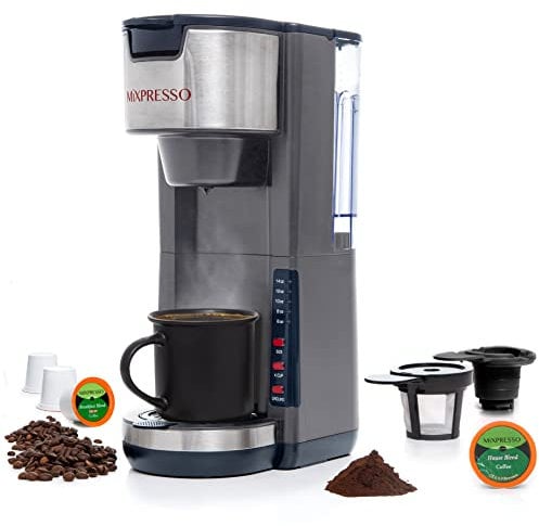 Mixpresso Gray Single Serve Coffee Brewer K-Cup Pods Compatible & Ground, 30 oz Compact Coffee Maker Single Serve With 5 Brew Sizes Up To 14 Oz, Fits Travel Mug, Adjustable Drip Tray