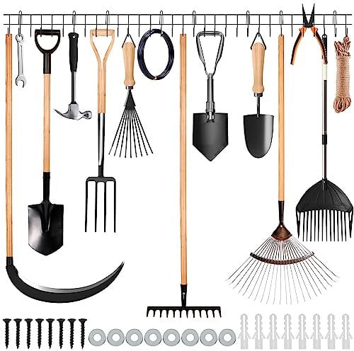 BELLE VOUS Estante 4 Piezas Organizador Herramientas de Jardín - 40,5 cm - Resistentes Colgadores de Pared para Palas, Mangueras, Cuerdas - Colgador Escobas y Fregonas Garaje/Cobertizo