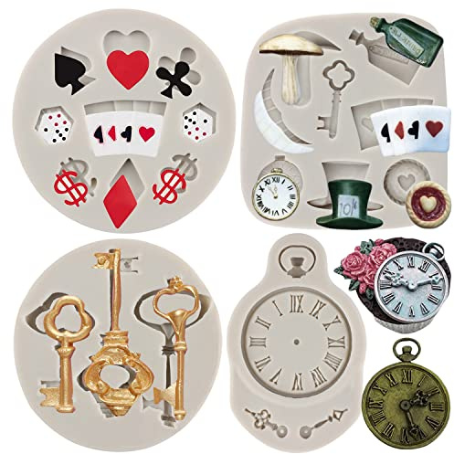 Sijiangmold Poker-Formen aus Silikon, Motiv: Alice Wonderland Hut, Fondantform, Vintage-Uhrform, Spielkarten, Süßigkeitenformen für Kuchendekoration, Cupcake-Topper, Schokolade, Gummipaste,