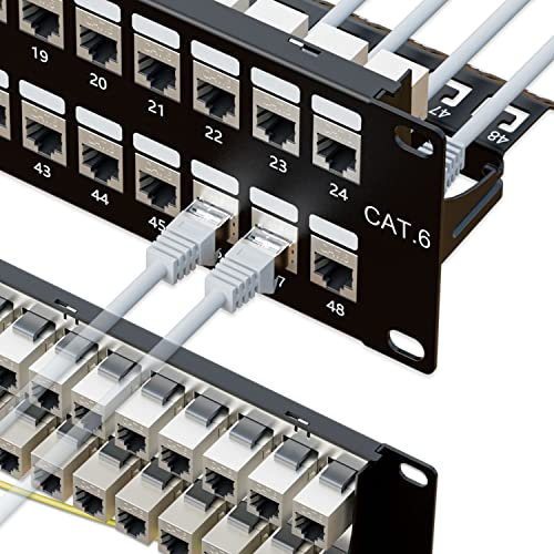 iwillink Coupleur 48 ports RJ45 2U Cat6 blindé Panneau de brassage STP 48 cm avec barre arrière, montage mural ou en rack, compatible avec câblage Cat5, Cat5e, Cat6