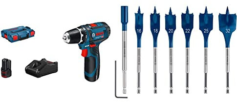 Bosch Professional 12V System Akku-Bohrschrauber GSR 12V-15 (inkl. 1x 2.0 Ah Akku, in L-BOXX) + 7x Expert SelfCut Speed Flachfräsbohrer Set (für Weichholz, Grobspanplatte, Ø 16-32 mm, Zubehör)