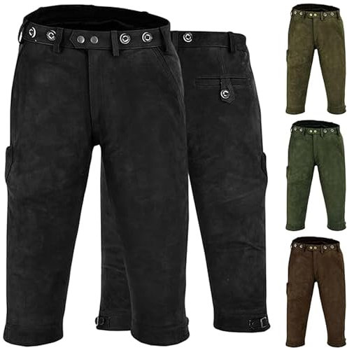 German Wear Jagd Lederhose Kniebundhose Jägerhose Trachten & Wanderhose Nubuckleder, 60/4XL, Schwarz