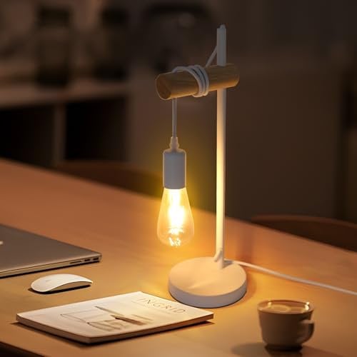 Goeco Nachttischlampe Vintage, Industrial Design E27 Tischlampe aus Holz und Metall, Rustikal Beleuchtung Lampe für Schlafzimmer, Arbeitszimmer, Schlafsaal, Weiß