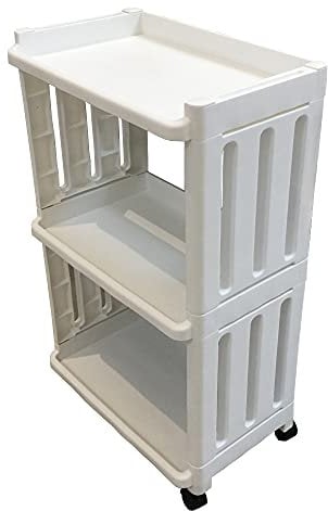 Storage Trolley Slide Out Rolling Cart Utility Slim Organiser Shelf on Wheels 3 Tier Narrow Places Mobile Shelving Unit Tower Rack for Bathroom Laundry Room Office Living Room Bedroom Kitchen, White