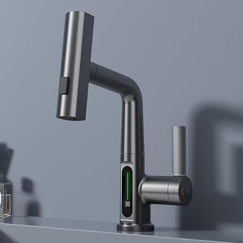Yalsfowe LED Bathroom Faucet with Pull Out Sprayer, Temperature Display Faucet for Bathroom Sink, Liftable Waterfall Basin Faucet, Single Handle Bathroom Mixer Tap,Gray