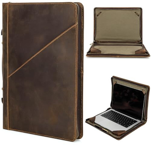 CataPurus Top Grain Leather 13.3 Slim Laptop Zipper Folio Case Bag, Retro Design Handmade & 2 Pockets, Compatible with MacBook Pro 13.3 MacBook Air M1/M2 ZENBOOK 13.3 & other PC, Coffee 13.3 Inch
