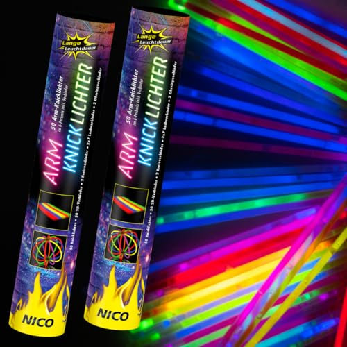 Nico Europe® Armknicklichter 100 Stück inkl. 112 Verbinder – Knicklichter Armbänder für Partys, Silvester, Festivals & Co – Leuchtstäbchen in bunten Neon-Farben…
