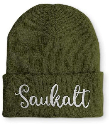 tshirtladen Strickmütze Saukalt Mütze Wintermütze lustige Beanie mit Stick, Farbe: Olive