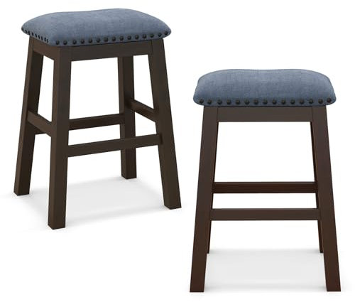 COSTWAY Bar Stools Set of 2/4, Upholstered Saddle Stools with Rivet-Tufted Design, Footrest, Rubber Wood Legs & Anti-slip Foot Pads, Counter Height Breakfast Kitchen Stool for Home Dining Room Pub (2)