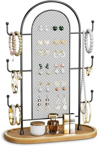 bussdis Jewelry Holder Organizer Earring Display - Stands Earring Storage Earring tree Hanger Jewelry Towers Rack with 6 Hooks 300 Stud Holes Wood Tray for Necklaces Bracelets Rings
