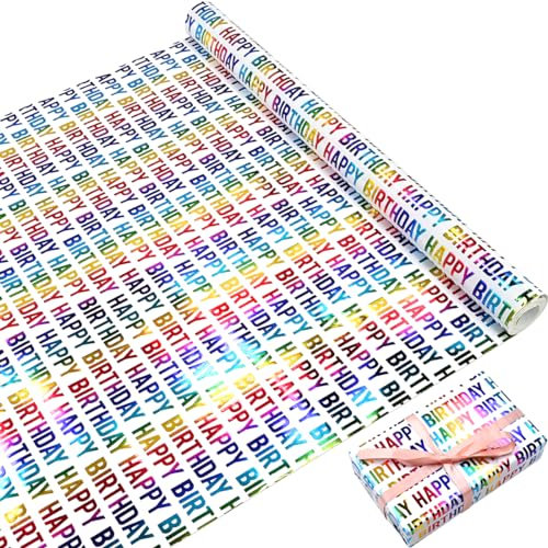 Geschenkpapierrolle „Happy Birthday“, 43 cm x 9 m, glänzendes Geschenkpapier für Geburtstag, Babyparty, Geschenkverpackung, Party-Dekoration