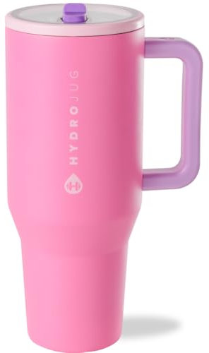 HydroJug Traveler - 40 oz Water Bottle with Handle & Flip Straw - Fits in Cup Holder, Leak Resistant Tumbler-Reusable Insulated Stainless Steel & Rubber Base - Gifts for Women & Men, Pink Sugar