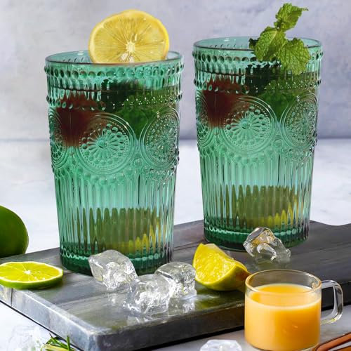 Loivttvv 6pcs Vintage Drinking Glasses Set, 12 oz Atroviens Highball Glasses, Embossed Ribbed Glassware Cups for Cocktail, Water, Juice, Coffee, Whiskey