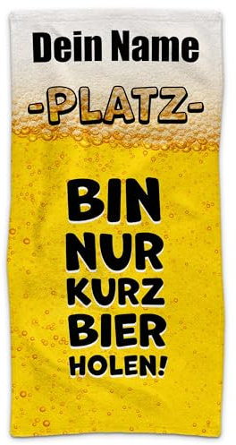PR Print Royal Personalisiertes Handtuch mit Spruch - Bin nur kurz Bier Holen - mit Name Bedrucken | Badetuch selbst gestalten, Persönliches Geschenk für Männer, Kumpels, Freunde - 140 x 70 cm