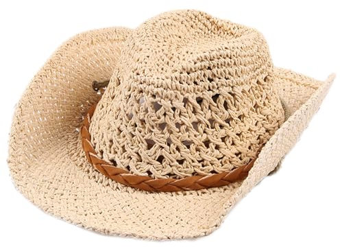 Sombrero de Cowboy de Paja para Niño Adulto, Western Cowgirl Hat Sombrero de Vaquero de Paja Panamá Sombrero de Occidental Gorros de Playa Verano para Mujer Hombre (FR/ES, Letras, M, Beige)