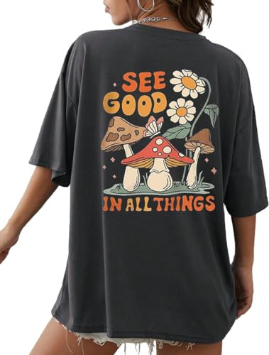 AVOZAL Oversize T Shirt Damen Sommer Vintage Locker Rundhals Kurzarm Pilz Oberteile Lässig T-Shirts Rücken Buchstaben Graphic Tee Casual Muster Lang Top(L,Dunkelgrau)