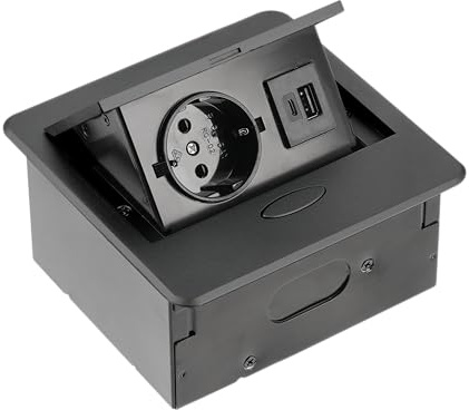 GTV - Möbelsteckdose AVARO, 1x Schuko Steckdose, USB A+C, Kabellänge 1,5m, Farbe Schwarz, für Schreibtische, Tischplatte, Küchen und Büro | Kompakte Abmessungen