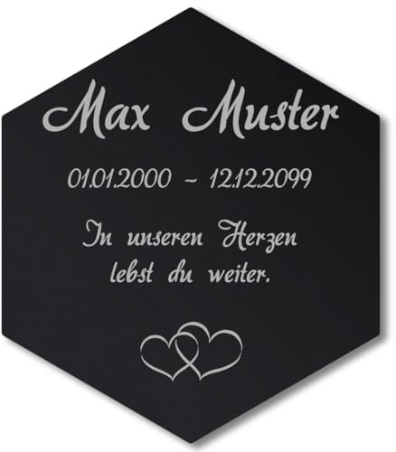 Paule Black Personalisierter Sechseck Grabschmuck mit Text Gravur - Acrylglas Schwarz Hochglanz 175 x 200 mm - wetterfest und wasserfest für Draußen und Innen, für Opa, Oma, Mama, Papa und Verstorbene