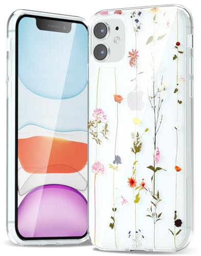 Svanove for iPhone 11 Case Flower, Girly Cute Clear Floral Aesthetic Design, Slim Thin Transparent Hard Shell Plastic Phone Case for Women Girls, Trendy Elegant Pattern, Wildflower