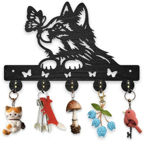 MAYJOYDIY Holz Katzen Schmetterlingsmotiv Schlüsselhaken 30x20cm Tier Wandhalterung Für Kleider Hüte Mit 5 Haken Aus Legierung Schwarzer Kunst Schlüsselhalter Für Schlafzimmer Eingangsbereich Büro