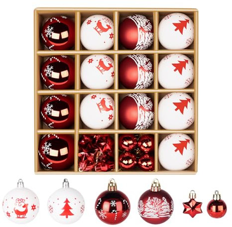 30 Weihnachtskugeln, weihnachtsschmuck Baum rot und weiß Weihnachtsbaumkugeln Plastik für Weihnachten und Party Dekoration, Durchmesser 3 cm und 6 cm mit Aufhängeschlaufe