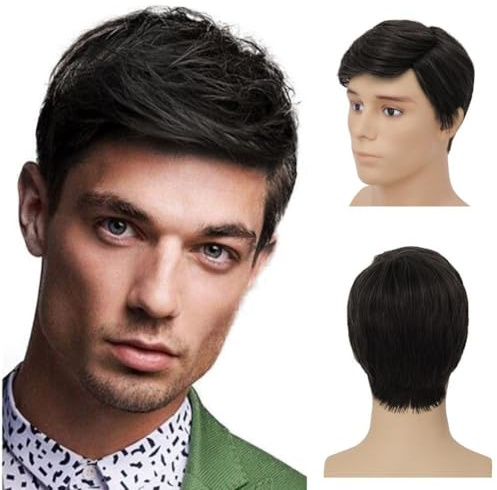 Siudus Short Black Wigs for Men Layered Synthetic Fiber Hair Wig for Guy Male Daily Party Use