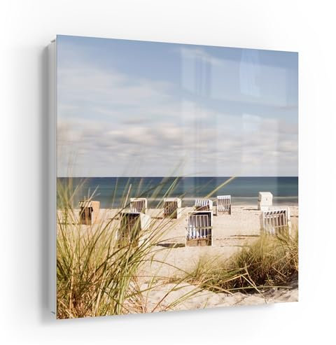 DEQORI Schlüsselkasten weiß | 30x30 cm | Motiv Strandkorbidylle | Glas & Metall Schlüssel-Box | Schlüsselschrank mit 50 Haken + 2 Magnete | Moderne Design Box magnetisch & beschreibbar