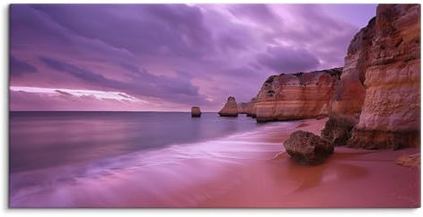 Paul Sinus Wandbild auf Leinwand in 120x60cm Abenddämmerung Strand Felsen Meer Himmel Ruhe Kunst