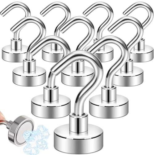 Volunx 10 Pack Strong 10kg-22lbs+ Neodymium Magnet Hooks, Silver Heavy Duty Steel Magnetic Hooks for Fridge, Kitchen, Bathroom, Garage