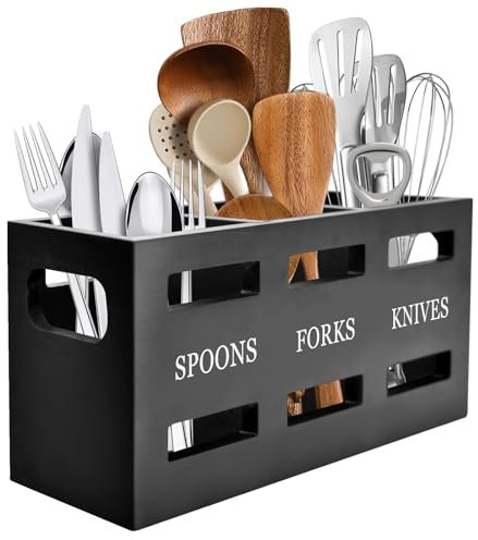 Yiomxhi Porte-ustensiles de Cuisine, 3 Compartiments Porte-Couverts en Bois Organiseur d’ustensiles pour Comptoir, Grand Rangement d'outils de Cuisine de Ferme (Noir)