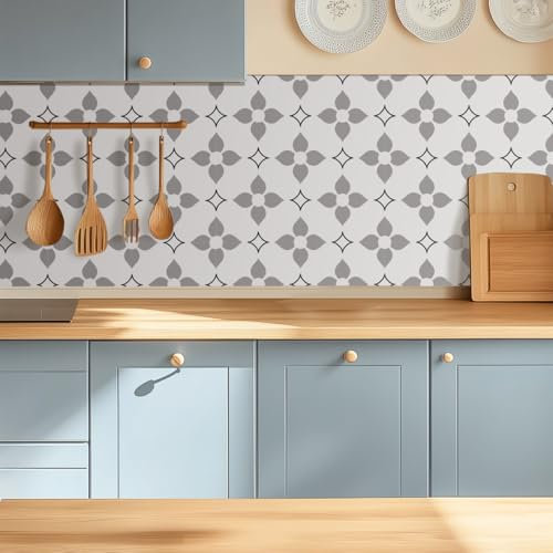 Alwayspon 10Pcs 8inch/20cm White and Grey Flower Waterproof Non-Slip Floor Tiles Decal for Kitchen Bathroom Living Room, Vinyl Flooring Self-Adhesive Peel and Stick Vinyl Sticker, T1059