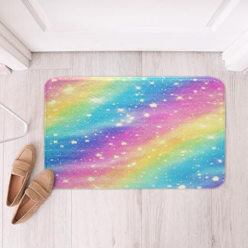 Loussiesd Glitter Drucken (Kein Glitter) Badematte 40x60cm Glitter Gradient Badteppiche Wohnzimmer Dekor 3D Bunte Regenbogen Stern Drucken Badezimmerteppich Multicolor Badvorleger
