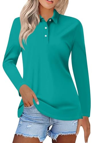 Womens Plain Polo Shirts Long Sleeve Business Casual Office Work Shirts Tops Slim Fit Lapel Collared V Neck Quarter-Button Sport Golf Tennis T-Shirts for Women UK