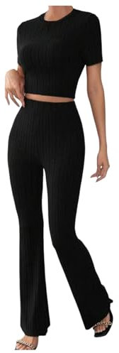 KBOPLEMQ Damen 2-teilige Lounge-Sets Kurzarm Rippstrick Crop Top mit Hose Set 2-Teiliges Hausanzug Jogginganzug Loungewear Zweiteiler Damen Lounge Set V-Ausschnitt Loungewear Gerippt Top Hose