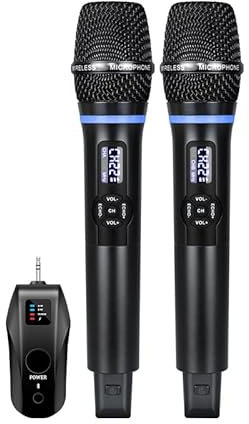 Warmiehomy 2 Rechargeable Wireless Microphones, UHF Dual Metal Cordless Handheld Dynamic Mics, Karaoke Microphone with Rechargeable Receiver Bluetooth for Professional Singing, Speech, Party, Wedding