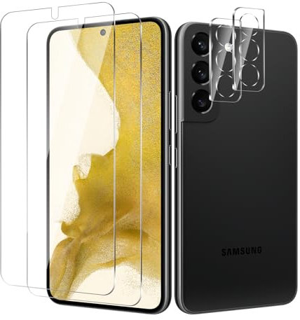 BIESHKJ 2+ 2Pack pour Samsung Galaxy S22 de Protection Verre Trempé + Protecteur D'objectif D'appareil Photo, Dureté 9H Vitre, Compatible Avec Les Coques et Résistant Aux Rayures