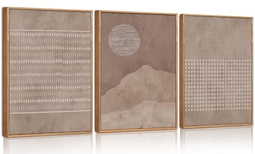 HPNIUB Gerahmtes Leinwandbild Mid-Century Abstrakte Kunst in Naturtönen, Punkte & Linien Design, Boho Sonnenuntergang für Wohnzimmer, Büro, Schlafzimmer