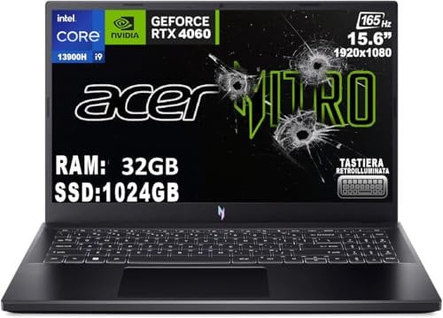 acer Nitro V 15 Notebook Gaming, processeur Intel Core i9-13900H, RAM 32 Go DDR5, 1024 Go SSD, écran 15,6 FHD IPS 165 Hz LED LCD, NVIDIA GeForce RTX 4060 8 Go, Windows 11 Pro