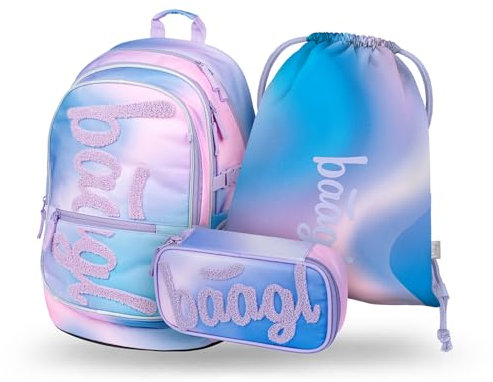 Baagl Schulrucksack Set Jungen Mädchen 3 Teilig, Schultasche für Grundschule Volksschule, Grundschule Ranzen mit Brustgurt, Ergonomischer Schulranzen (Sky)