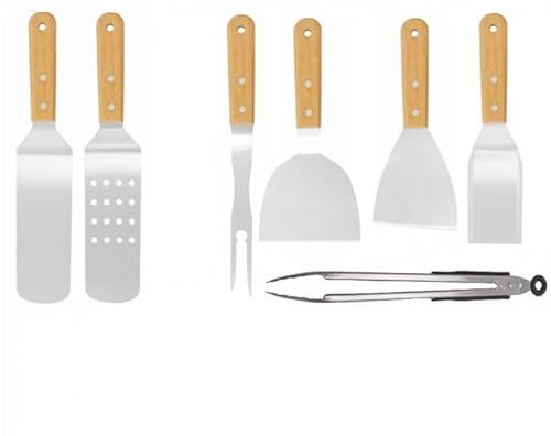 Kit Barbecue 7 Pièces – Ustensiles Barbecue en Acier INOX – Spatule Barbecue, Spatule Plancha INOX, Pince Barbecue – Accessoires Plancha et Ustensiles de Cuisine INOX pour Gril & Plancha