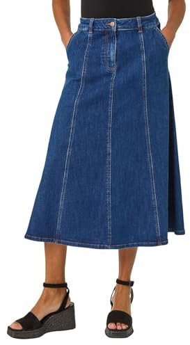 Roman Originals Cotton Denim Panelled Midi Skirt for Women UK - Ladies Everyday Autumn Winter Comfy Soft Evening Vacation Work Party Night Out - Indigo - Size 10