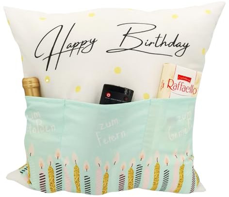 KAMACA Happy Birthday Kissen mit Füllung Dekokissen mit 3 Taschen 43x43 cm Geschenk für Frauen Männer Teenager Geburtstagsgeschenk mit liebevollem Design Geburtstag (Happy Birthday trendy)