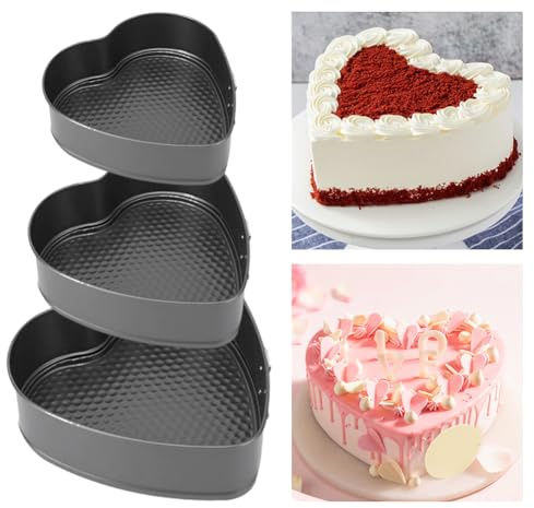 3pcs Springform Heart Cake Tins, Non Stick Carbon Steel Bake Pan with Easy Release Base & Secure Lock, 20cm 22cm 24cm Baking Pan Cake Mould for Cheesecake Small Pie(Color:Black)