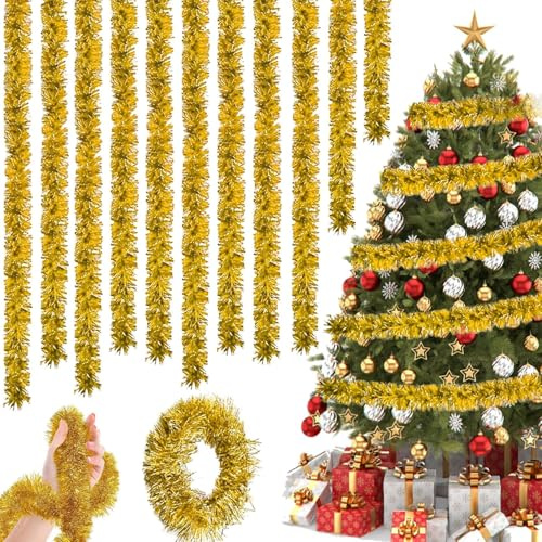 10 Pcs Weihnachtsbaum Lametta Girlande, 2M, Lametta Weihnachtsdeko Girlanden, Weihnachtsbaum Girlande für Glänzend Hochzeit, Weihnachtsfeier, Geburtstagsparty Dekoration(Gold)
