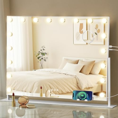SONGMICS Miroir de Maquillage avec Lumières, 80 x 60 cm, 18 Ampoules LED, Ports de Charge, Miroir Grossissant Détachable 10x, 3 Températures de Couleur, Support de Téléphone, Blanc Mat LWM003WC02