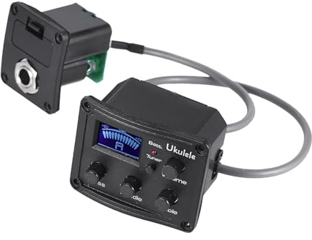 Ukulele Tonabnehmer mit LCD 3-band-equalizer und Stimmgerät | Ukulele und Konzertgitarre, 1 Stück, Schwarzes Gehäuse und Batteriestatusanzeige
