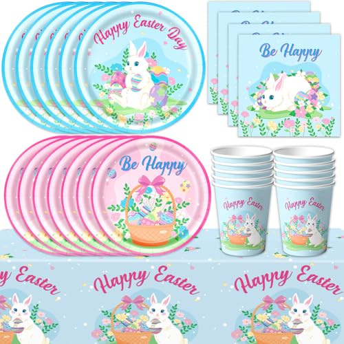 Easter Party Tableware,51Pcs Party Supplies,Easter Day Theme Decoration,Easte Plates and Napkins Set,Kids Birthday Party Tableware Set,Party Supplies