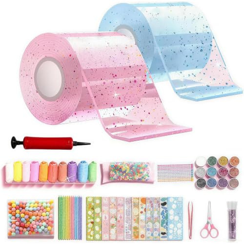 62 Stück Nano Tape Bubbles Set 5 cm x 1 m Nanotape Superelastisches Nano Tape Bubble Elastische Blasenbälle Dekompressionsspielzeug Inklusive Luftpumpe Pailletten Glitzer und Aufklebern