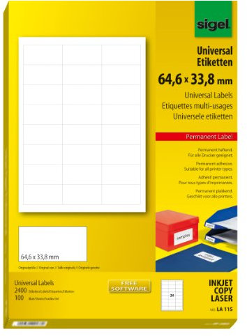 SIGEL LA115 Universal-Etiketten weiß, 64,6 x 33,8 mm, 2400 Etiketten = 100 Blatt
