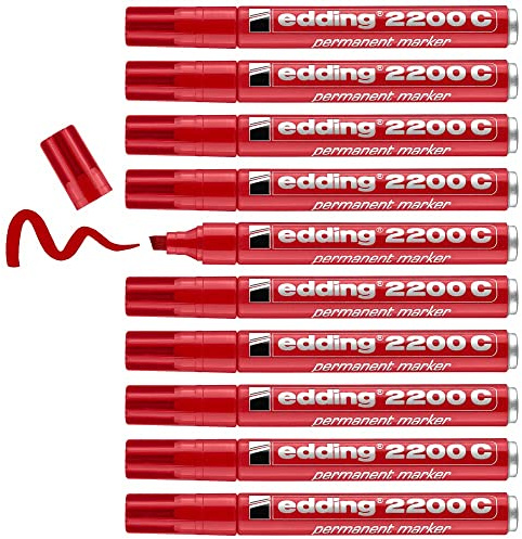 edding 2200 C permanent marker - red - box of 10 - chisel tip 1-5 mm - quick-drying permanent marker pen - waterproof, smudge-proof - for cardboard, plastic, wood, metal, fabric